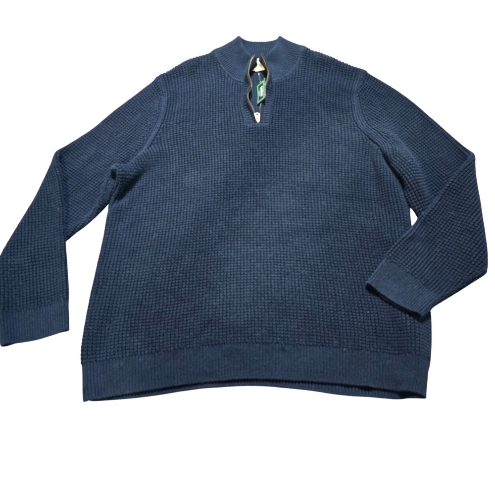 LL Bean Quarter Zip Sweater Mens XXXL-Tall Navy Blue Organic Cotton Waffle Knit